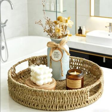 Imagem de Suptinwear Bandeja redonda para servir algas marinhas com alças embutidas, cesta de vime tecida à mão para café da manhã, café, chá, lanches e frutas, organizador de armazenamento decorativo, 33 cm