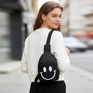 Imagem de Mini bolsa tiracolo preta, bolsa de mão fofa com estampa sorridente, bolsa de ombro versátil elegante para mulheres, negócios, escritório, trabalho, deslocamento diário