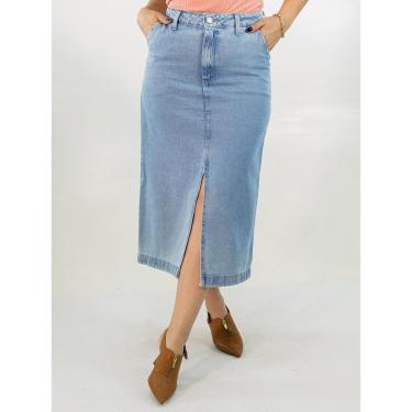 Imagem de Saia Feminina Jeans Midi Clara Alta Fenda Algodão Anticorpus-Feminino