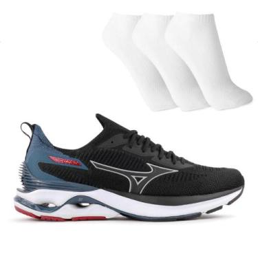 Imagem de Tênis Mizuno Wave Mirai 7 Masculino + 3 Pares de Meias, 40, Preto, Mar