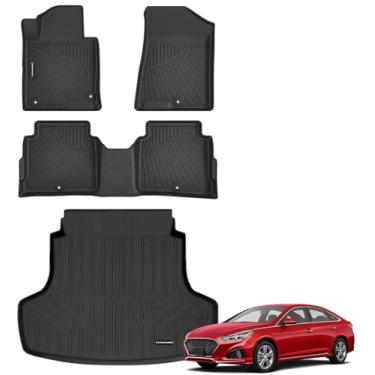 Imagem de Tapetes de chão para Hyundai Sonata & Kia Optima 2015-2019 2016-2019 Tapete de porta-malas para todos os climas TPE adequado para 2019 Sonata 1ª e 2ª fileiras e forro de carga antiderrapante conjunto