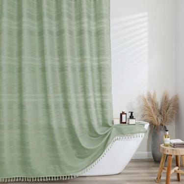 Imagem de OVZME Cortina de chuveiro boho extralonga 213 cm de comprimento, tecido macio texturizado de linho moderno de fazenda resistente, cortina de chuveiro de pano rústico com borla para banheiro hotel