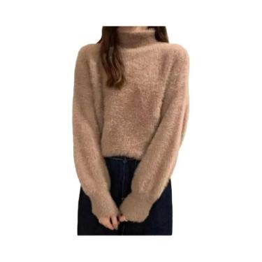Imagem de Suéter De Inverno Feminino De Lã Imitada De Mink Com Gola Alta, Tricot