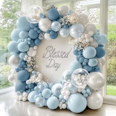 Imagem de Dusty Blue and White Balloons Garland Double Stuffed Pearl Light Blue Bobo Balloon Arch Kit for Birthday Baby Shower Wedding Bridal Cinderella Frozen Winter Party Decorations