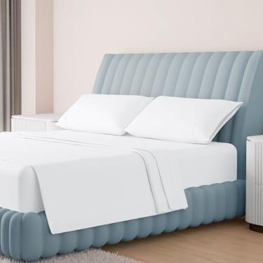 Imagem de Carressa Linen Jogo de cama queen size 100% algodão egípcio - Jogo de cama queen de alta contagem de fios de luxo (4 peças, branco), macio e sedoso, resfriamento, bolso profundo de 40,6 cm, lençóis de