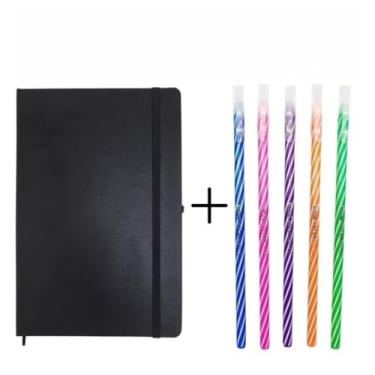 Imagem de Kit Caderno A5 Espiral 21x14cm com 5 Canetas Coloridas, Caderneta Capa Dura para Anotações, Caderno de Anotações para Estudos, Trabalho e Organização Diária (PRETO,KIT SEM PAUTA)