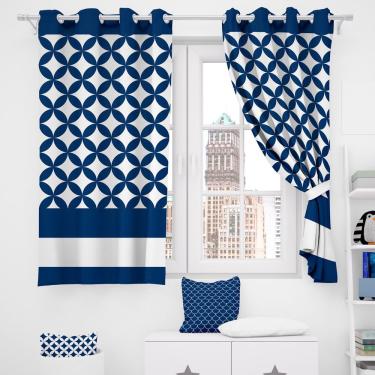 Imagem de Cortina 2 Metros Para Quarto Estampada Miami Azul Marinho/branco 2,00m X 1,50m Para Varão Simples