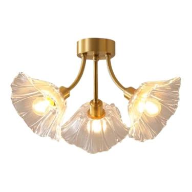 Imagem de Qufute Luminária de teto de montagem embutida de vidro 3 lâmpadas de latão dourado perto da luz de teto em forma de flor de vidro transparente iluminação de lustre de meados do século para quarto, sala de estar, sala de jantar (3 luzes)
