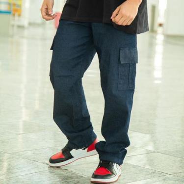 Imagem de Calça Cargo Masculina Sarja Larga Streetwear Militar Tatico com Bolsos