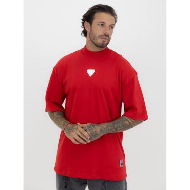 Imagem de Camiseta Oversized Gola Alta Borracha Triângulo All White Streetwear Algodão Premium Vermelho-Masculino