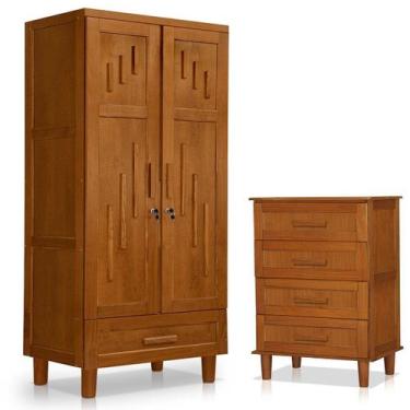 Imagem de Guarda Roupa 2 Portas e Cômoda 4 Gavetas 100 % Madeira Paris Castanho 