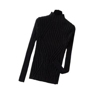 Imagem de Suéter Feminino Slim Fit De Tricô Gola Alta Pulôver Manga Longa Outono