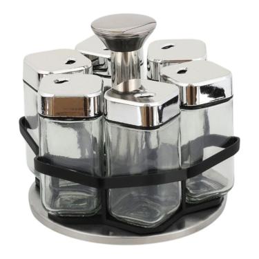 Imagem de Conjunto 6 Porta Temperos Vidro Suporte Giratório Inox Prata