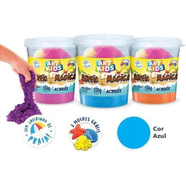Imagem de Areia Mágica para Modelagem Azul 550g com 3 Moldes Temáticos de Praia Acrilex