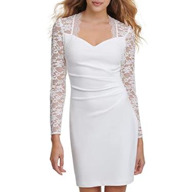 Imagem de GUESS Vestido feminino de renda com corte de manga três quartos, Branco, 40