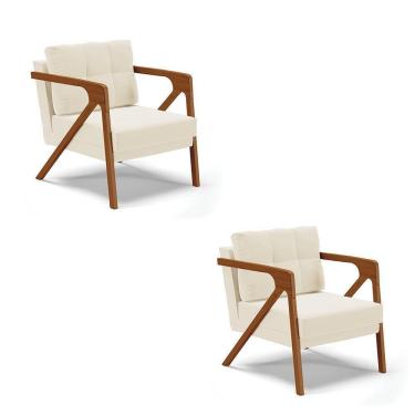 Imagem de Kit 02 Poltronas Veludo Bege Base De Madeira Castanho