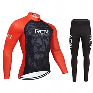 Imagem de Camisa masculina de ciclismo de inverno à prova de vento manga comprida + 3D acolchoada babador calça térmica de lã MTB terno de bicicleta quente, vermelho, 2GG (180 cm/87 kg)
