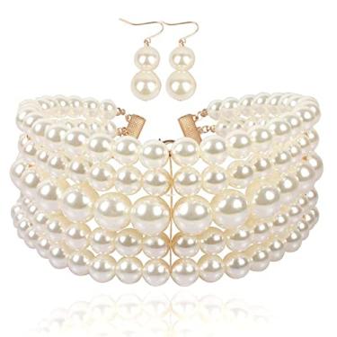 Imagem de Brishow Conjuntos de colar de noiva de casamento colar gargantilha de pérola branca com brincos colar em camadas acessórios de joias para mulheres e meninas, Pérola