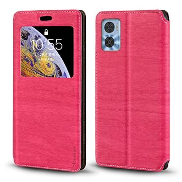 Imagem de Capa para Motorola Moto E22 4G, capa de couro de grão de madeira com suporte de cartão e janela, capa flip magnética para Motorola Moto E22i 4G (6,5 polegadas) rosa