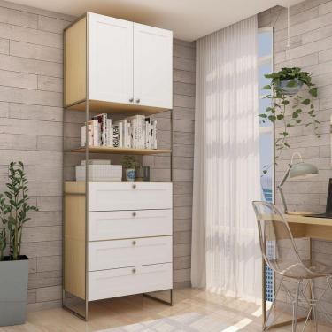Imagem de Estantes Para Livros Provençal 2 Portas 4 Gavetas 100% MDF com Metalon Infinity Genialflex Savana/Branco