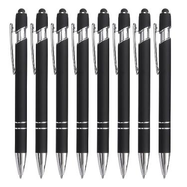 Imagem de Bribobo 8 Pack Black Ballpoint Pen 2-in-1 Stylus - Retractable Metal Pen With Stylus Tip for Touch Screens, 1.0 mm Black Ink