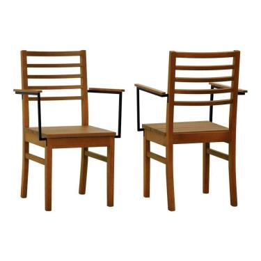 Imagem de Kit 2 Cadeiras Tiê Madeira Maciça Encosto Ripado C-braço Metal - Amêndoa Assento Ripado Amêndoa