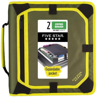 Imagem de Five Star Fichário com zíper, fichário de 3 anéis de 5 polegadas com anéis redondos, painel de expansão e arquivo expansível de 5 abas, capacidade para 580 folhas, oliva/cítrico (290520C)