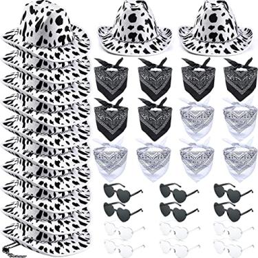 Imagem de 36 peças chapéu de cowboy adulto com bandana coração óculos de sol unissex chapéu de cowboy de feltro masculino feminino chapéu de festa ocidental fantasia de cowboy (estilo vaca)