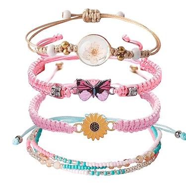 Imagem de DS Conjunto de 4 pulseiras de contas de cordão para meninas adolescentes, delicadas e fofas, borboleta, margarida, flores eternas, conjunto de pulseiras para mulheres e meninas, pulseira elástica