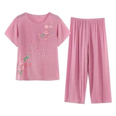 Imagem de Roupas de verão femininas de algodão e linho, conjunto de 2 peças, manga curta, estampa floral, calças de treino, Vermelho, P