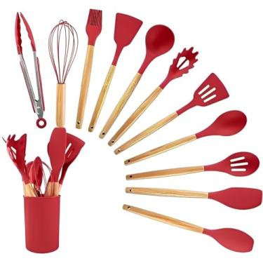 Imagem de Kit de Utensílios de Cozinha de Silicone, 12 Peças, Cabos de Madeira Antiderrapentes, Cozinha Completa (Vermelho)