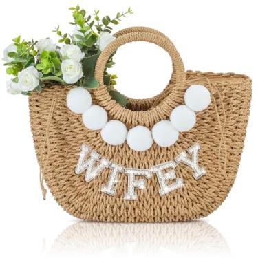 Imagem de Pinkunn Bolsa de praia feita à mão com strass, strass, pérola, letras, alça para despedida de solteira, casamento, lua de mel, essencial, Cores simples, 10 inches