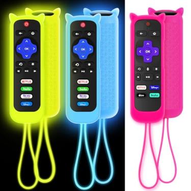 Imagem de Pacote com 3 capas para controle remoto Roku, capa para Hisense/TCL Roku TV Steaming Stick/Express, capa protetora de silicone, capa de substituição universal que brilha no escuro, amarelo, azul, rosa