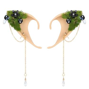 Imagem de FRESHME Orelhas de fada de cogumelo, orelhas de elfo da floresta macias com musgo preto e acessórios de flores boho renascentista brincos de clipe de orelha para mulheres crianças Halloween festa de aniversário fantasia de fantasia