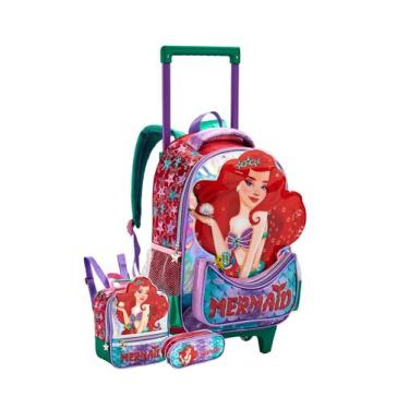 Imagem de Kit Escolar Mochila Rodas+Lancheira+ Estojo Sereia - denlex, vermelho