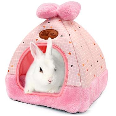 Imagem de YUEPET Cama de porquinho da Índia para cama quente coelhinho caverna fofo laço casa grande esconderijo acessório para coelhos anões, hamster, coelho, furões, ratos, porco-chinchila rosa