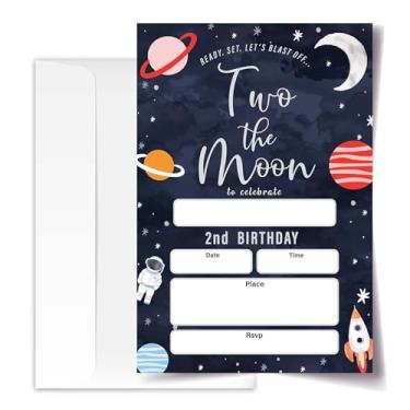 Imagem de ANYEMW Cartões de convite de 2º aniversário com envelopes pacote de 20 (10 x 15 cm), convites de festa para meninos, meninas, crianças, adolescentes, galáxia, nave espacial astronauta, foguete