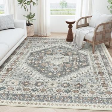 Imagem de Tapete de 1,5 x 2,3 m zesthome Ultrafino lavável, resistente a manchas, antiderrapante para sala de estar, quarto, vintage, para decoração de casa (cinza/laranja, 1,5 x 2,3 m)