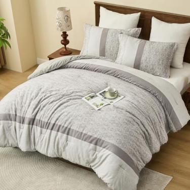 Imagem de PlushVibes Conjunto de edredom King Size 100% algodão - conjunto de cama King listrado marrom cinza com 2 fronhas, 264 cm x 228 cm