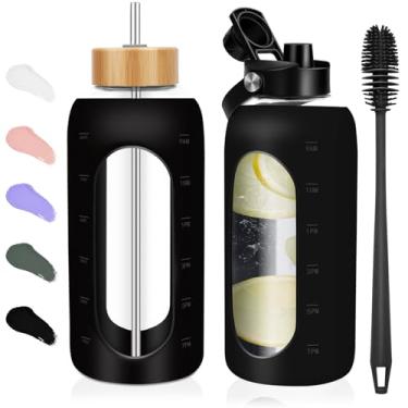 Imagem de FULBEVY Garrafas de água de vidro de 1,8 l - marcador de tempo para garrafa de entrada diária motivacional grande de 1,8 litro - Garrafa de água de vidro com canudo, manga de silicone, 2 tampas, bico