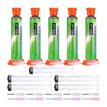 Imagem de Sn42-Bi58 Pasta de solda, sem chumbo, 30 g de pasta de fluxo de solda, ponto de fusão de 138 °C, pacote com 5 pastas de solda de baixa temperatura para fluxo eletrônico para reparo BGA, SMD