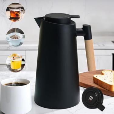 Imagem de Garrafa Térmica com Termômetro Digital LED, 1 Litro, Design Moderno, Cabo em Madeira, Ideal para Café e Chá, Preta