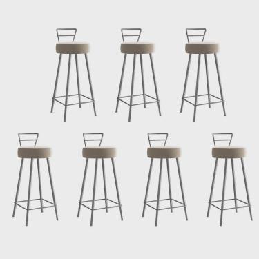 Imagem de Kit 07 Banqueta Alta Com Encosto Tina Eiffel Cozinha Bar Bistrô Ferro Cinza Sintético Bege - Ahz Móveis