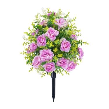 Imagem de Qianly Rosas falsas de flores artificiais com fogueira de estaca de terra buquê Memorial para vara, Roxo