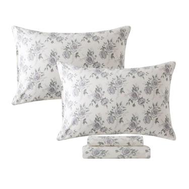 Imagem de FADFAY Conjunto de lençóis casal floral de peônia rústica com folhas botânicas, estilo fazenda vintage, 100% algodão, coleção ultra macia e respirável, com lençol com elástico de bolso fundo, 4 peças