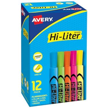 Imagem de Marcadores permanentes Avery Marks-A-Lot, tamanho grande de mesa, ponta de cinzel, resistente à água e ao desgaste, 12 marca-textos, Assorted, 12 highlighters