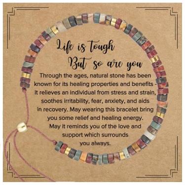 Imagem de Plumiss Pulseiras de presentes inspiradoras para mulheres, pulseiras boho feitas à mão com contas de pedra jaspe natural Picasso e contas, Life is Tough But So Are You, Medium, Pedra, Sem Pedra