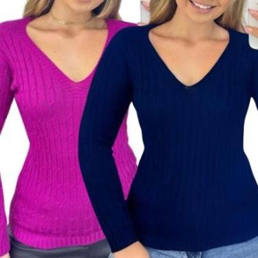 Imagem de Kit 2 Blusas Femininas Industrie Suéter Malha Tricô Lilás e Marinho Manga Longa Tamanho:Único;Cor:-Feminino