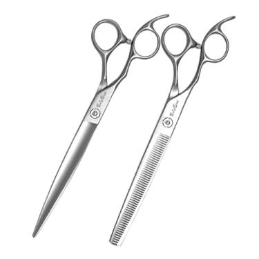 Imagem de SnipStar 7,5 polegadas profissional cão cuidado tesouras conjunto mão esquerda reta e afinamento tesouras 54 V-dentes VG10 aço tesouras de animais de estimação, taxa de afinamento 25%