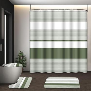 Imagem de Tayney Conjunto de cortina de chuveiro verde sálvia com tampa de vaso sanitário e tapetes antiderrapantes para banheiro, linhas listradas modernas, 4 peças, conjunto de banheiro abstrato simples com